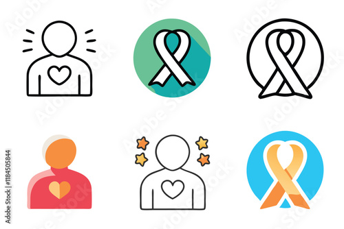 Empowering human figures with hearts and ribbons, symbolizing love, support, and healing for health awareness and World Cancer Day line art icon set