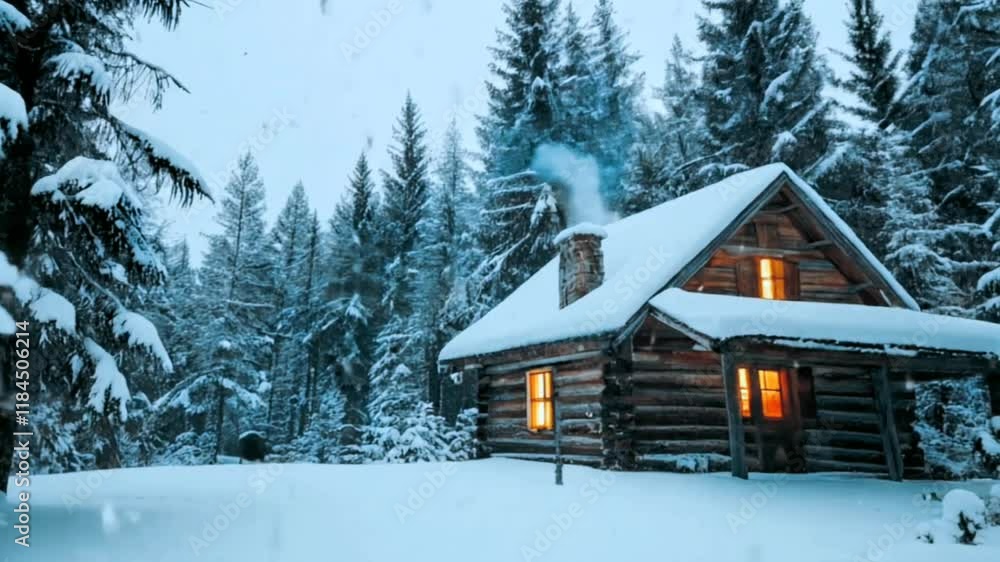 A cozy cabin in the woods with smoke rising from the chimney, surrounded by falling snow A cozy cabin in the woods with smoke rising from the chimney, surrounded by falling snow