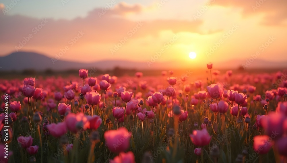 Naklejka premium A field full of pink flowers with the sun setting in the distance in the distance is a mount