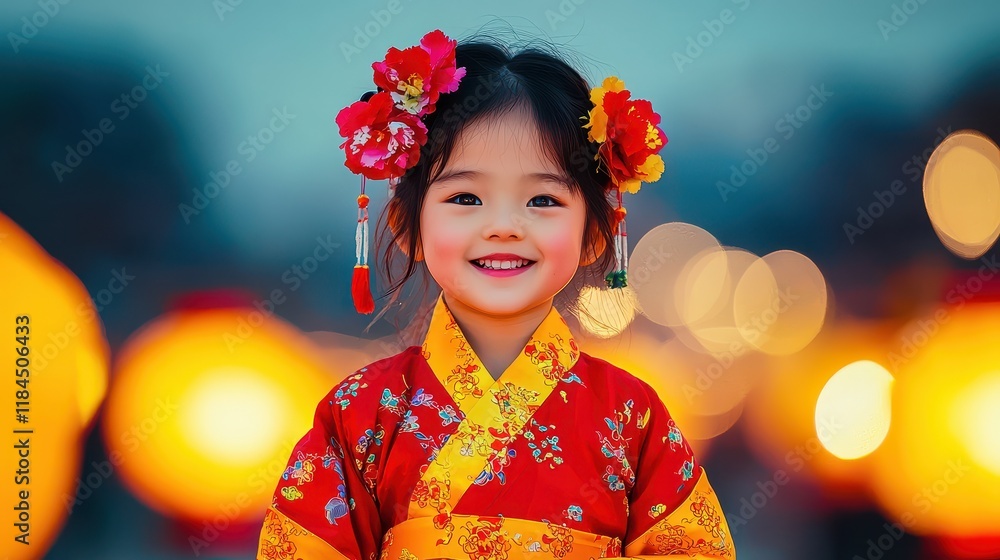 Charming Young Girl in Vibrant Traditional Dress with Blossoms and Lanterns Background Charming Young Girl in Vibrant Traditional Dress with Blossoms and Lanterns Background