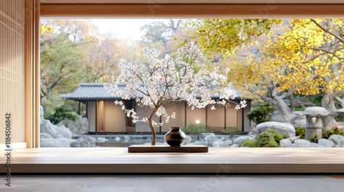 Serene Japanese Garden View with Blooming Cherry Blossom Tree and Traditional Architecture photo