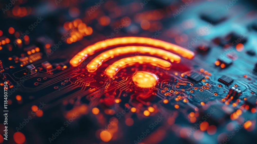 Close-up of illuminated Wi-Fi symbol on circuit board. Close-up of illuminated Wi-Fi symbol on circuit board.