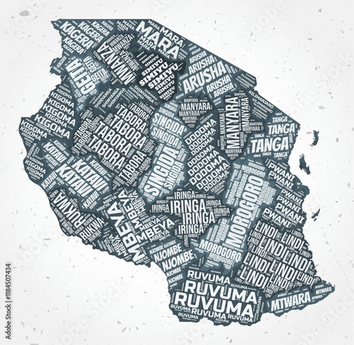 Tanzania regions word clouds. Country shape on textured background. Tanzania design in typographic style. Creative vector illustration.