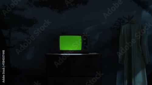 Old television and green screen at dark night. Animation