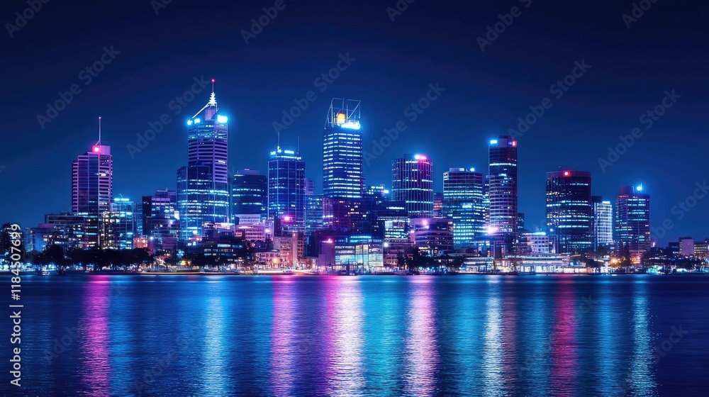 Fototapeta premium Beautiful Nighttime City Skyline with Illuminated Reflections on Calm Water