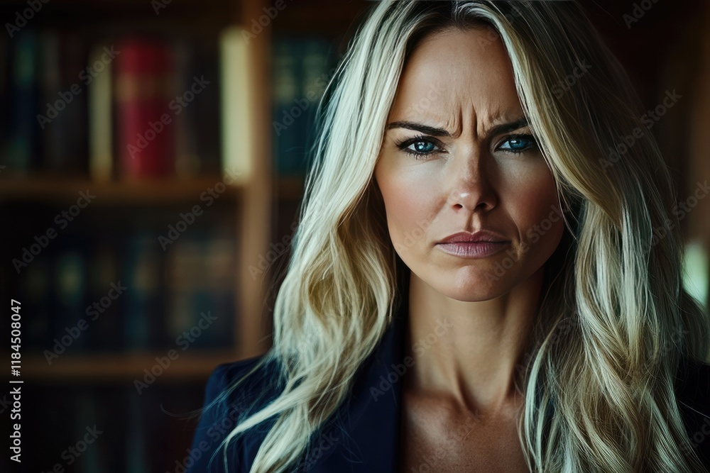 Fototapeta premium Intense portrait of a confident woman in a library setting