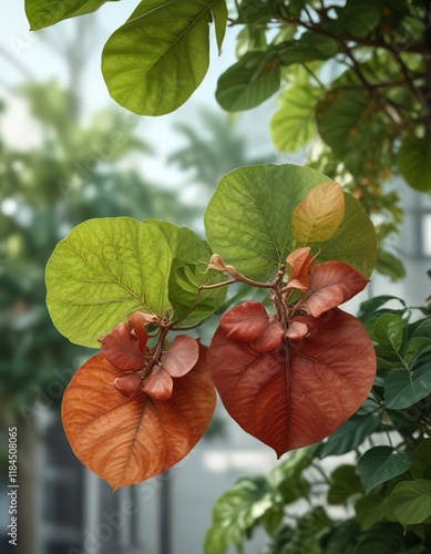 Large Anacardium occidentale leaves against a blurred background, botanical photography, anacardium occidentale large, blurred background photo