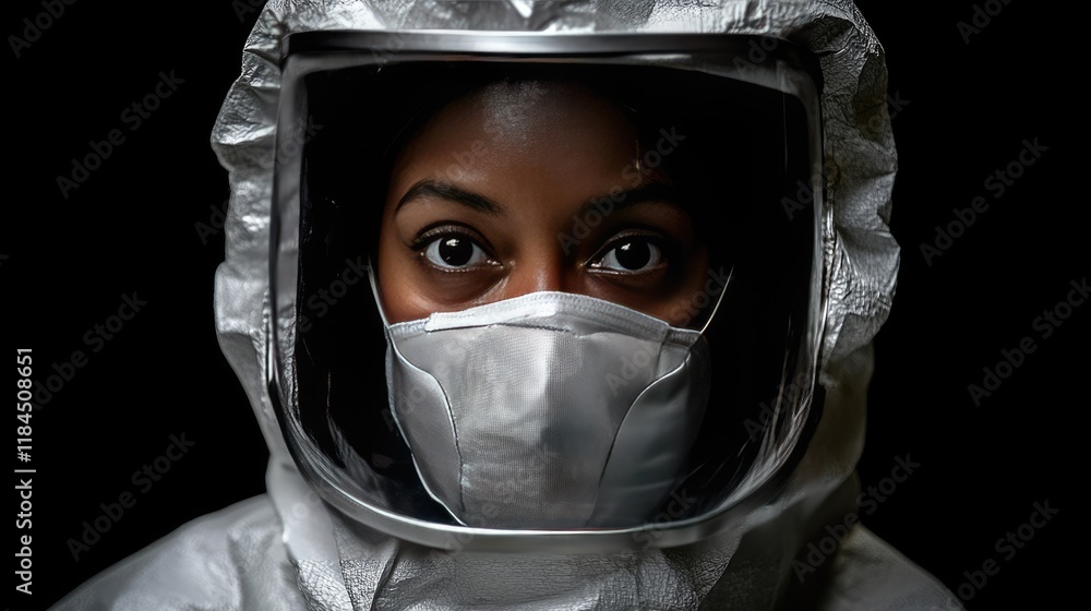 Scientist in protective gear showcasing determination and focus Scientist in protective gear showcasing determination and focus