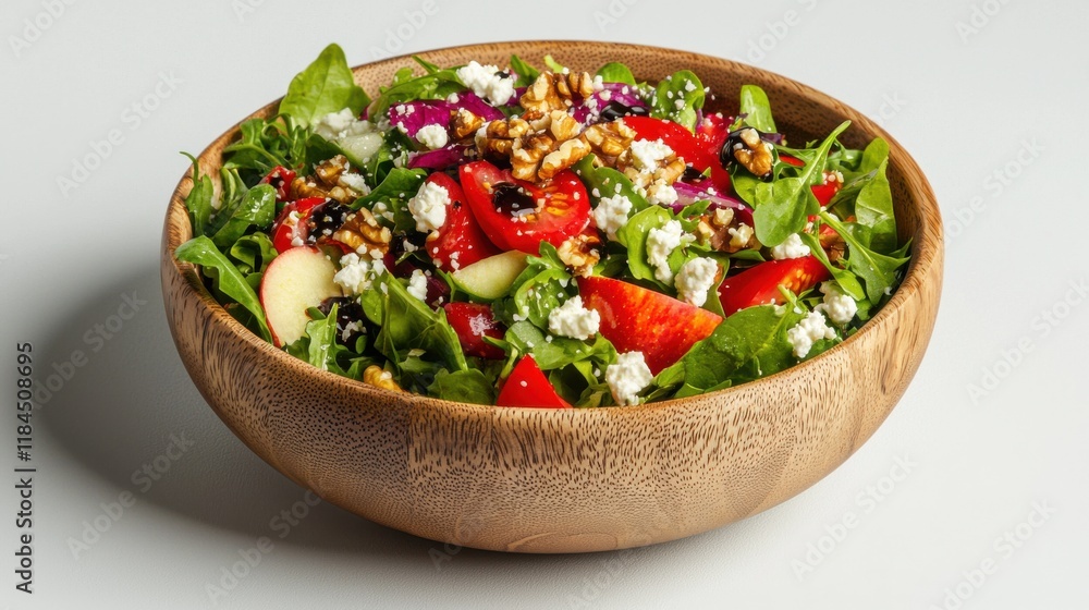 Vibrant Vegetable Salad in Rustic Wooden Bowl on Table Vibrant Vegetable Salad in Rustic Wooden Bowl on Table