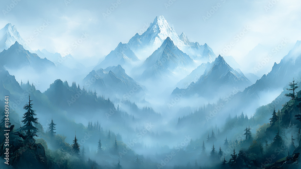 custom made wallpaper toronto digitalMisty Mountain Majesty: A breathtaking vista unfolds, revealing majestic snow-capped peaks shrouded in ethereal mist.  The serene beauty of nature is captured in this painting.
