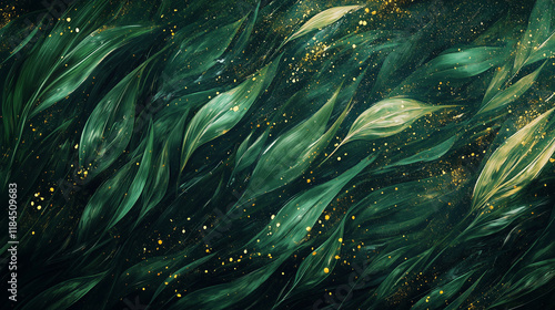 Abstract green leaves with gold accents in dynamic swirl pattern © Irina