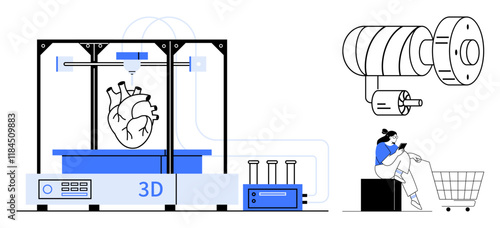 3D printer creating human heart, industrial machinery in detail, person shopping online. Ideal for technology, medical advances, industry, e-commerce, innovation, future tech digital lifestyle