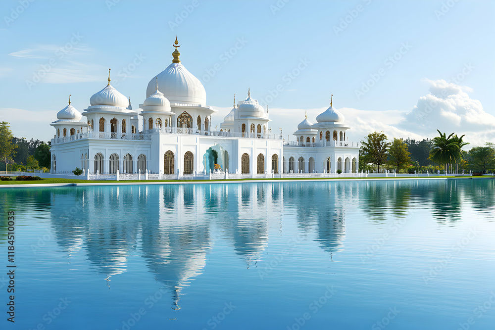 Fototapeta premium Serene reflection of a stunning white mosque on a tranquil lake, showcasing exquisite architecture and peaceful surroundings.