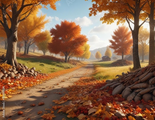 Autumn landscape with fallen leaves and harvest-themed elements, seasonal change, nature scenery, rustling leaves photo