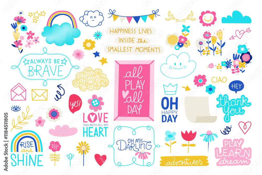 Set of cute hand drawn labels. Colorful collections of Frames, Numbers, Calendar elements and Decoration Vector Elements Set of cute hand drawn labels. Colorful collections of Frames, Numbers, Calendar elements and Decoration Vector Elements