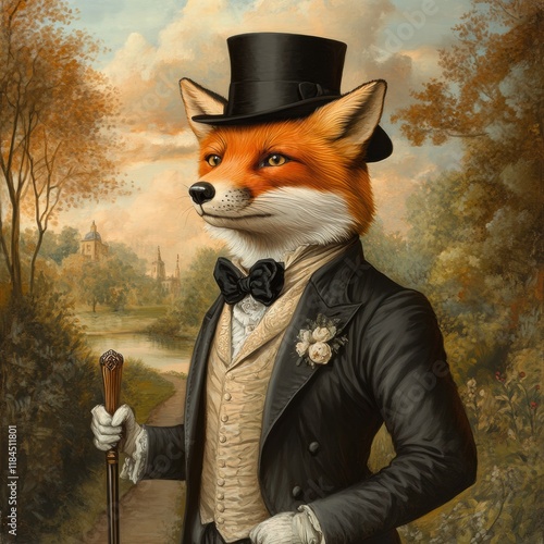 Elegant fox dressed in a top hat and suit while holding a cane in a serene outdoor setting during golden hour. Generative AI photo