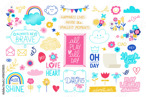 Set of cute hand drawn labels. Colorful collections of Frames, Numbers, Calendar elements and Decoration Vector Elements