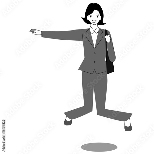 Full body illustration of young woman in suits jumping.	