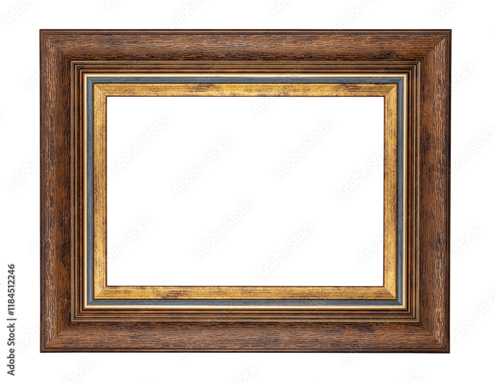 Empty classic brown picture frame with golden details isolated cutout on a transparent background. Empty classic brown picture frame with golden details isolated cutout on a transparent background.