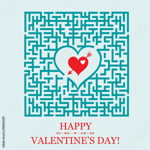 Valentines day card. Happy Valentine's Day! Maze with red heart at the finish. Vector Illustration