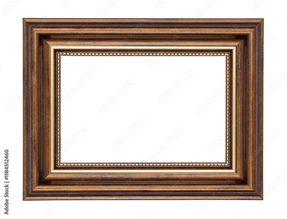 Classic brown wooden picture frame with empty space, isolated cutout on a transparent background. Classic brown wooden picture frame with empty space, isolated cutout on a transparent background.