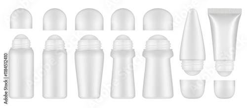 Set of white roller ball bottles. Body antiperspirant deodorant roll-on, open blank bottles with screw cap. Realistic vector mockup. Roller Applicator	
