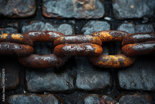 Close-up of rusty chain links on cobblestone pavement. photo