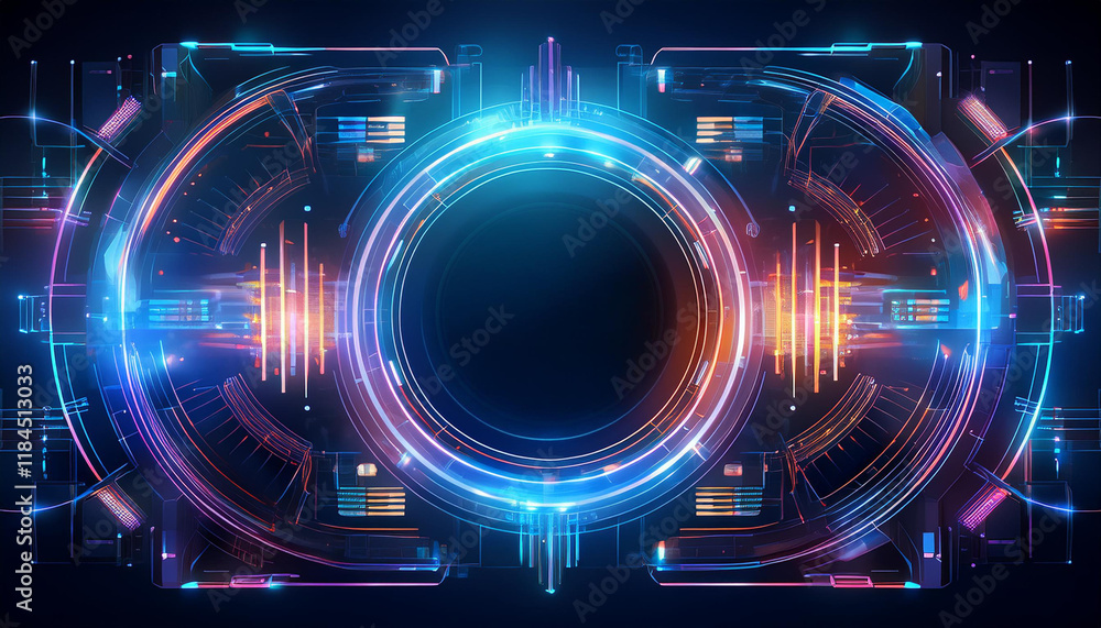 Futuristic Tech Interface: An abstract, futuristic interface with glowing blue and orange lights and a central black circle, perfect for technology, science fiction, or innovation themes. Futuristic Tech Interface: An abstract, futuristic interface with glowing blue and orange lights and a central black circle, perfect for technology, science fiction, or innovation themes.