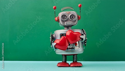 The Robot's Heart: A vintage robot, painted in metallic silver, holds two red hearts close, showcasing a surprisingly tender and unexpected emotion. photo