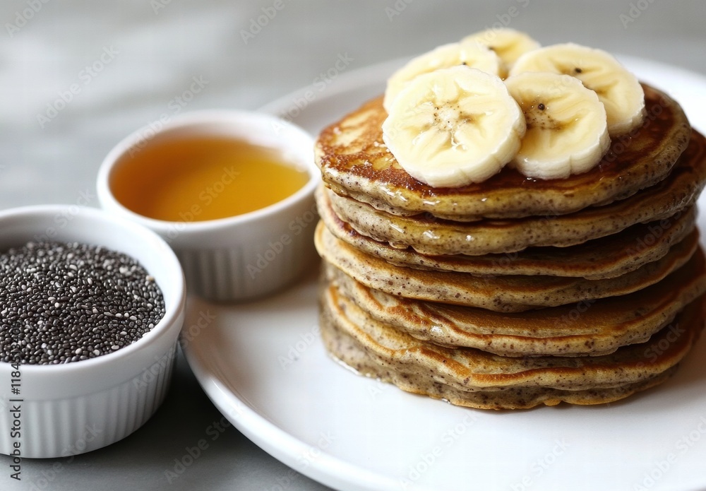 A stack of pancakes with bananas on top and a bowl of chia seeds next to them