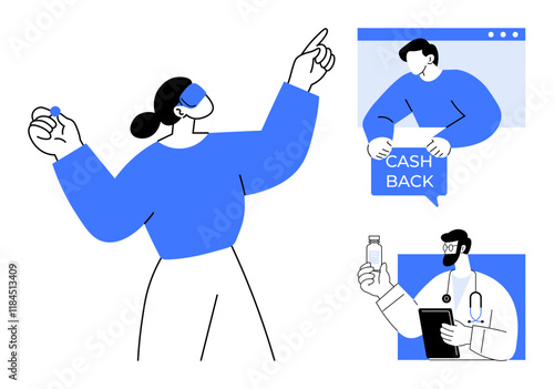 Businesswoman gesturing with hand, man holding a cashback sign, and a doctor with a bottle of medication and a clipboard. Ideal for business, finance, health, promotion, advertisement, and e-commerce