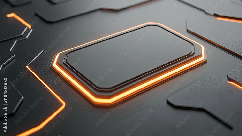 Sleek black surface with glowing orange accents and rectangular panel Sleek black surface with glowing orange accents and rectangular panel