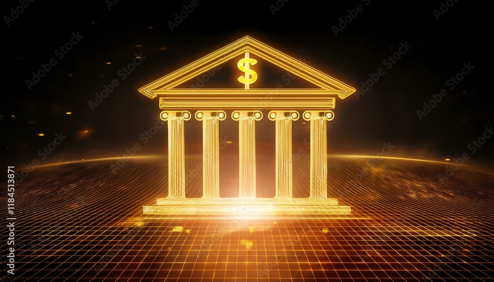 Obraz premium Global Financial Power: A digital rendering of a stylized bank building, with a golden dollar sign atop, illuminating a futuristic cityscape. The image evokes the strength, stability.