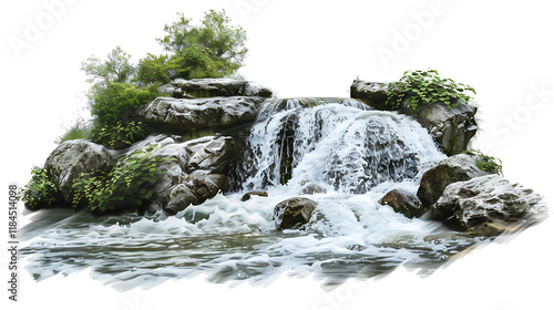 A holy river with water flowing gracefully, isolated on white, cut out 