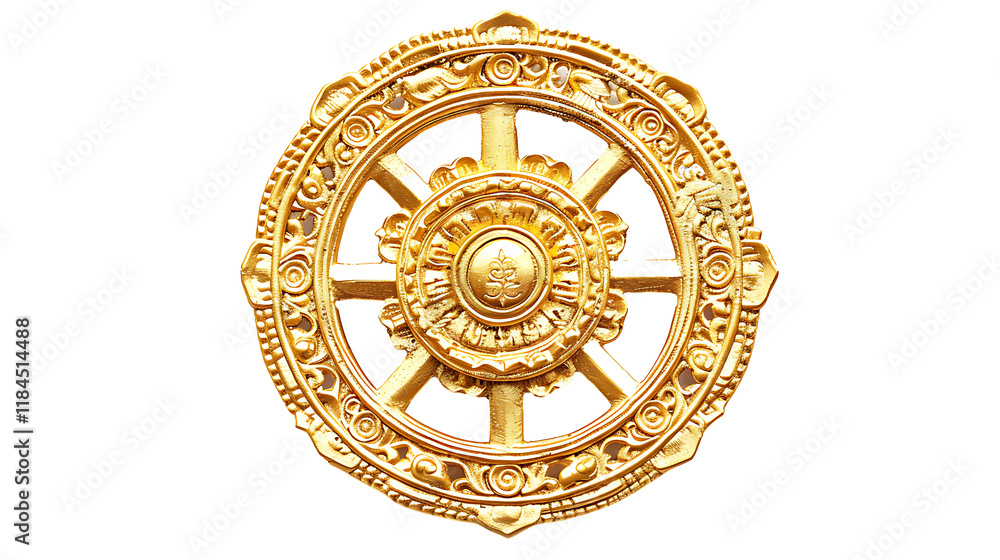 Obraz premium A depiction of the Wheel of Dharma with eight golden spokes, isolated on white, cut out 
