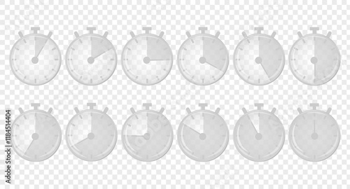 Set transparent glass stopwatches designed with simple details. Time, deadline, morning, time to work. Save your time concept, timer. Flat design