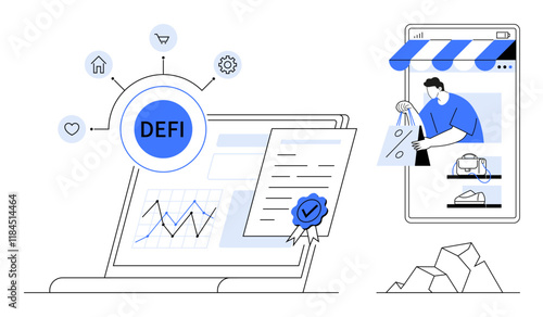 Digital financial certificate, statistical graph on a tablet, and smartphone with an e-commerce store beside cryptocurrency coins. Ideal for fintech, blockchain, e-commerce, smart contracts