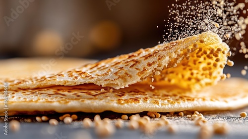 Golden, thin crepe dusted with powdered sugar, folded delicately