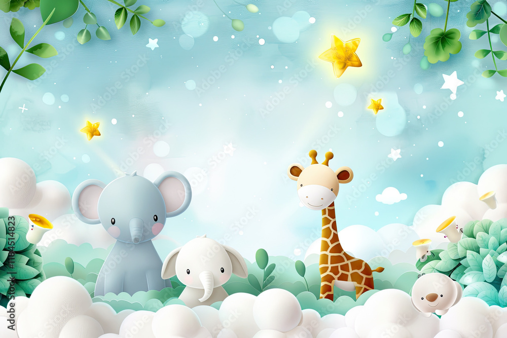Obraz premium Cute animals in whimsical landscape with clouds and stars