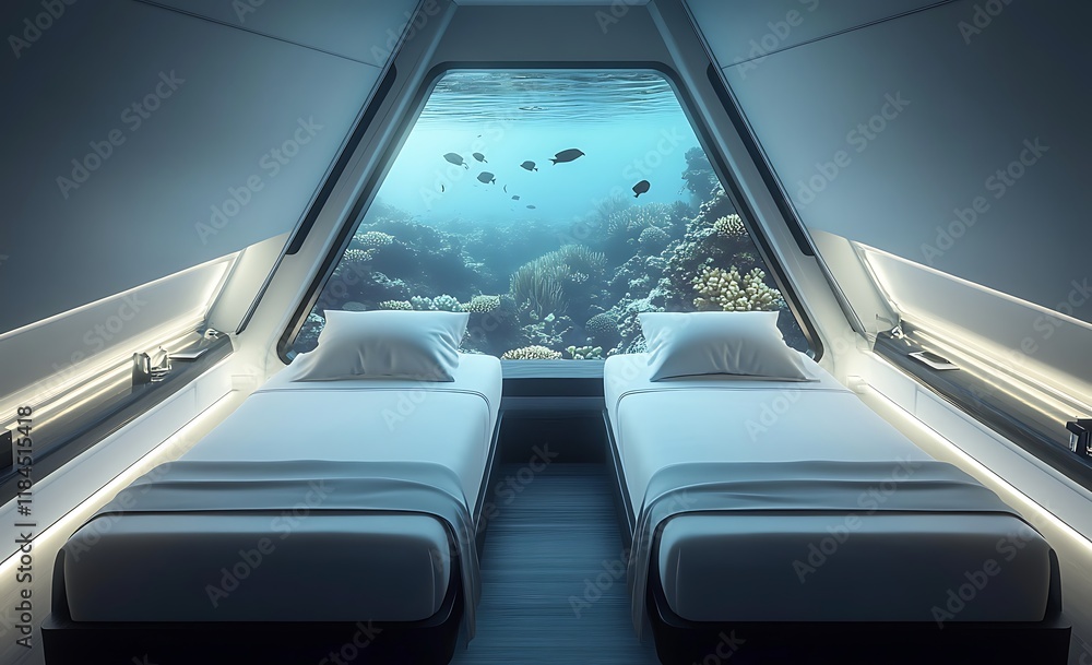 Futuristic Underwater Bedroom with Coral Reef View Futuristic Underwater Bedroom with Coral Reef View