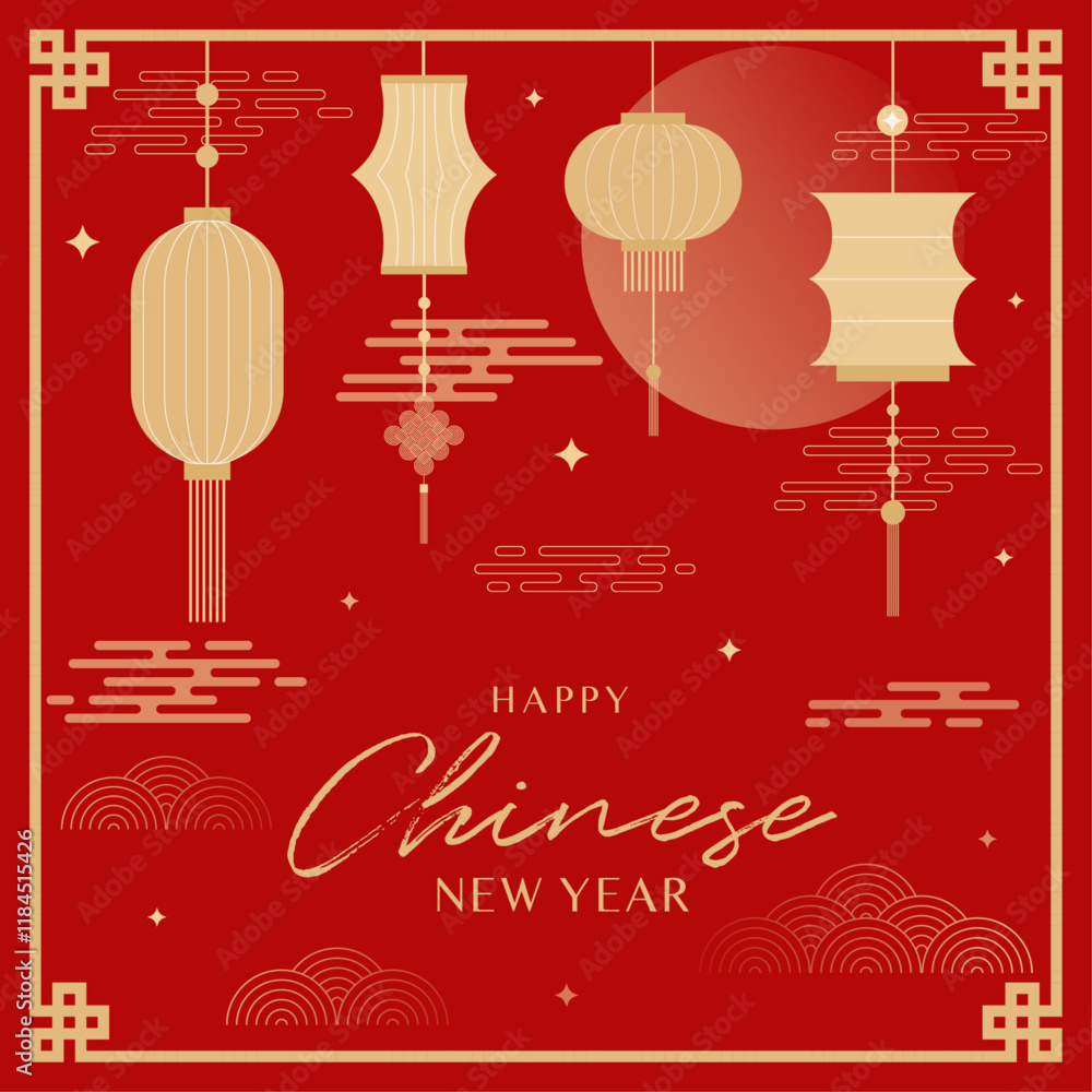 Naklejka premium Chinese new year greetings with golden oriental lanterns, clouds and moon on red background. Vector illustration chinese new year.