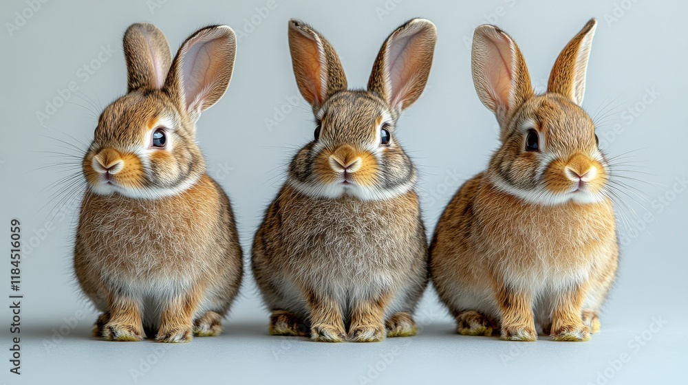 Three cute rabbits sitting side by side, showcasing their fluffy fur and expressive faces. Three cute rabbits sitting side by side, showcasing their fluffy fur and expressive faces.