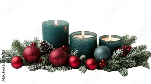 Festive candles and ornaments for holiday decor. transparent background
