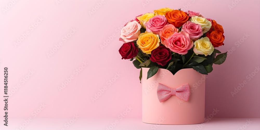 Obraz premium Beautiful Arrangement of Colorful Roses in a Pink Box with a Bow, Perfect for Celebrations, Gifts, and Special Occasions Against a Soft Pink Background