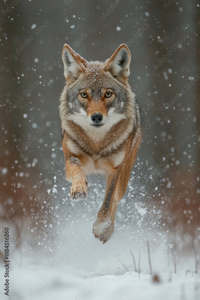 A coyote leaps through falling snow in a forest, showcasing its agility and beauty. A coyote leaps through falling snow in a forest, showcasing its agility and beauty.