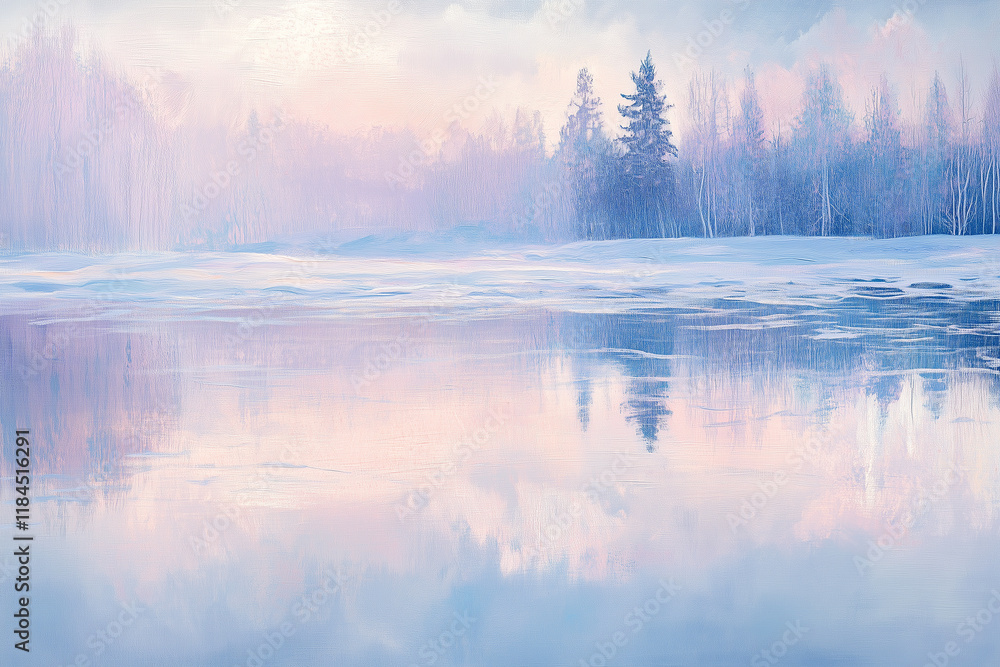 Lakeside tranquility with melting snow at dawn creating a serene winter landscape Lakeside tranquility with melting snow at dawn creating a serene winter landscape
