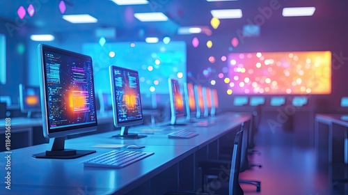 Wallpaper Mural Modern Computer Lab with Multiple Monitors in a Vibrant Setting Torontodigital.ca