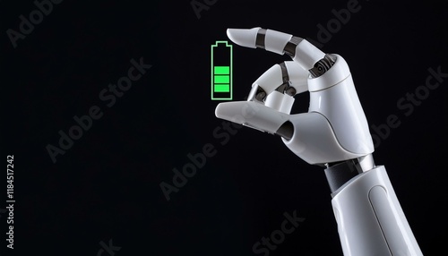 Robotic Hand Holding Battery Icon: A close-up of a robotic hand delicately holding a battery icon with a green, full charge level, symbolizing efficient power and unwavering performance.   photo