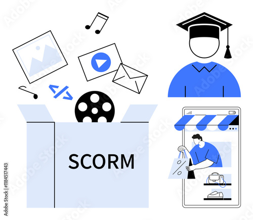 Box labeled SCORM with diverse digital media files thumbs up images, video, and email. Graduate figure with cap, person engaging in e-shopping. Ideal for e-learning, online education, digital