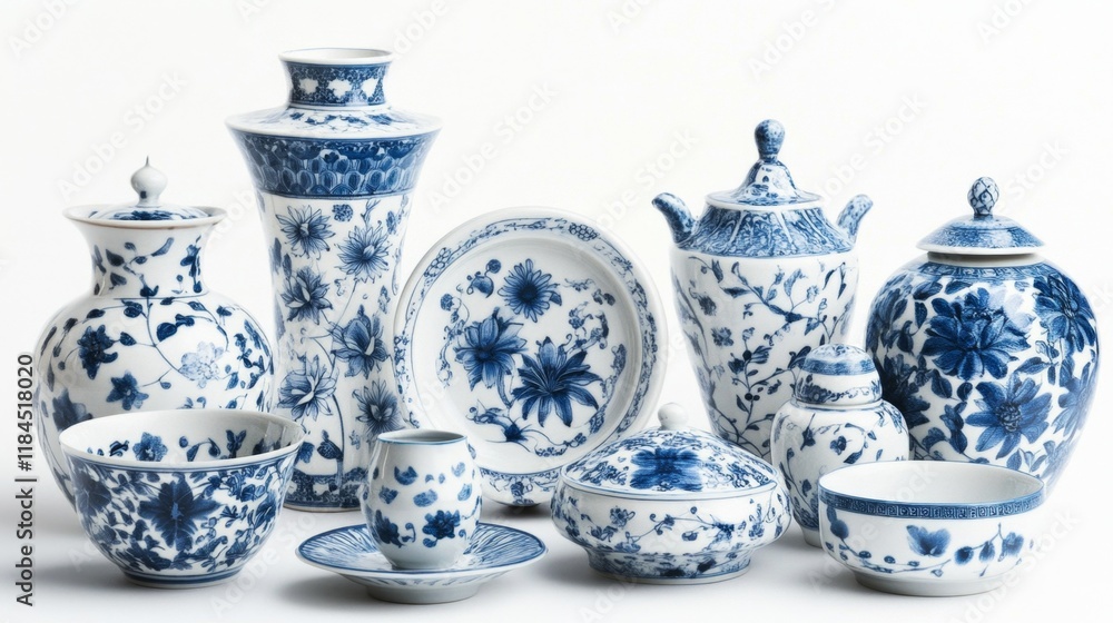 Elegant blue and white porcelain collection displayed on a table artistic showcase modern environment close-up view cultural heritage Elegant blue and white porcelain collection displayed on a table artistic showcase modern environment close-up view cultural heritage